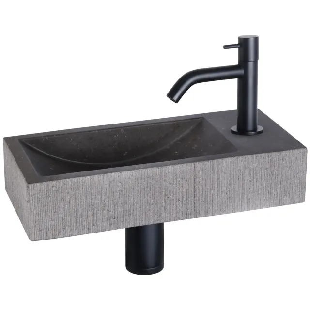 Fonteinset Differnz Ribble Natuursteen 38x18x8 cm Zwart Met Gebogen Kraan Mat Zwart