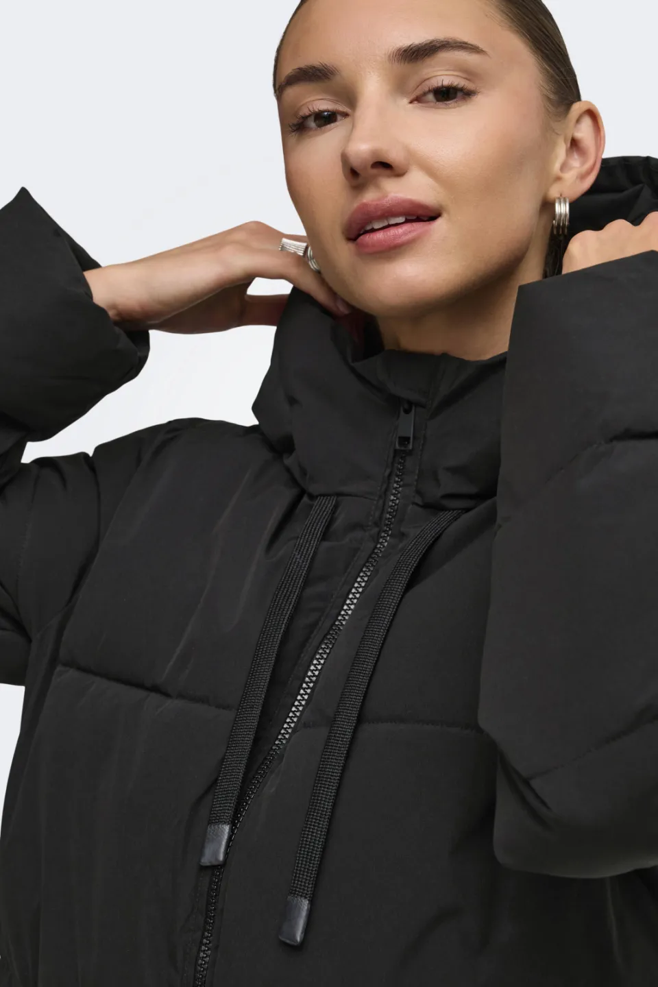 JDY Blair long hooded puffer winterjas zwart, foto 6