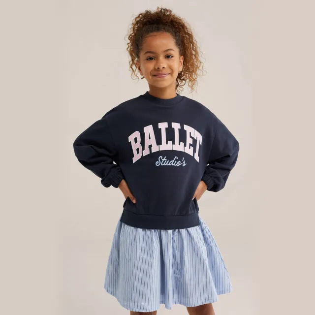 WE Fashion gestreepte sweatjurk met tekst donkerblauw Donkerblauw/lichtblauw