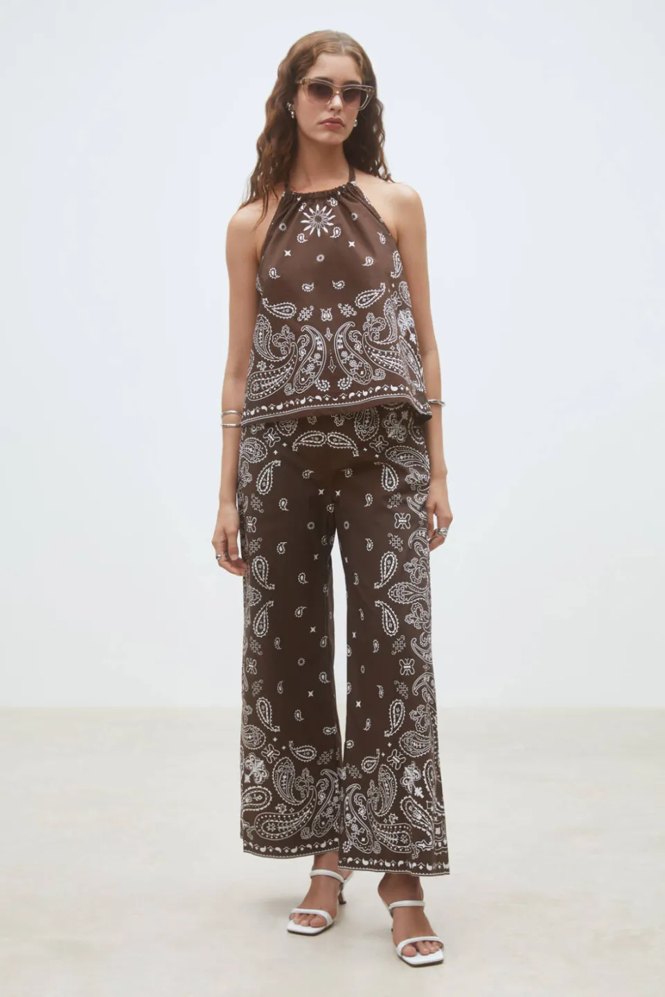 Suncoo wide leg high waist broek met paisley print bruin Bruin/Wit