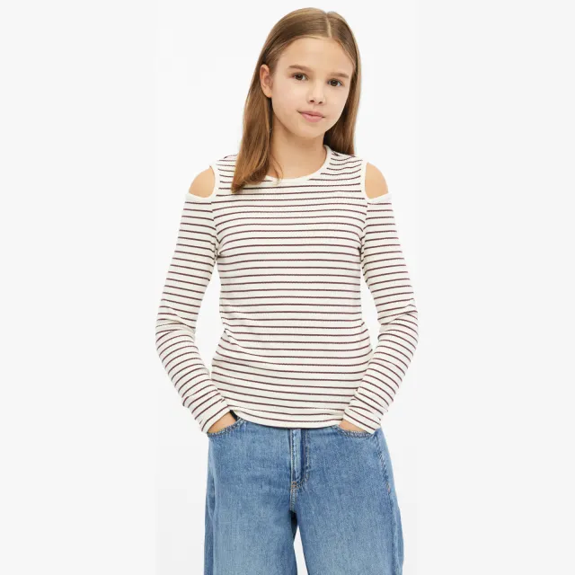 s.Oliver gestreepte longsleeve met open schouders beige Beige/donkerrood