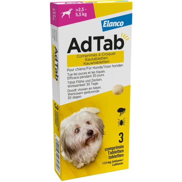 AdTab Anti Vlo en Teek Kauwtabletten Hond >2,5-5,5 kg 3 tabletten