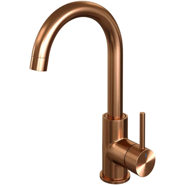 Brauer Wastafelmengkraan Brauer Copper Carving Coldstart Opbouw Hoog Gebogen Ronde Hendel Geborsteld Koper PVD PVD