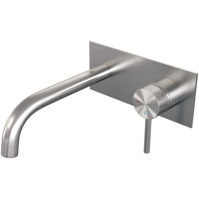 Brauer Inbouw Wastafelmengkraan Brauer Brushed Carving Coldstart Gebogen Uitloop Ronde Hendel Rechts Geborsteld RVS PVD Met Afdekplaat