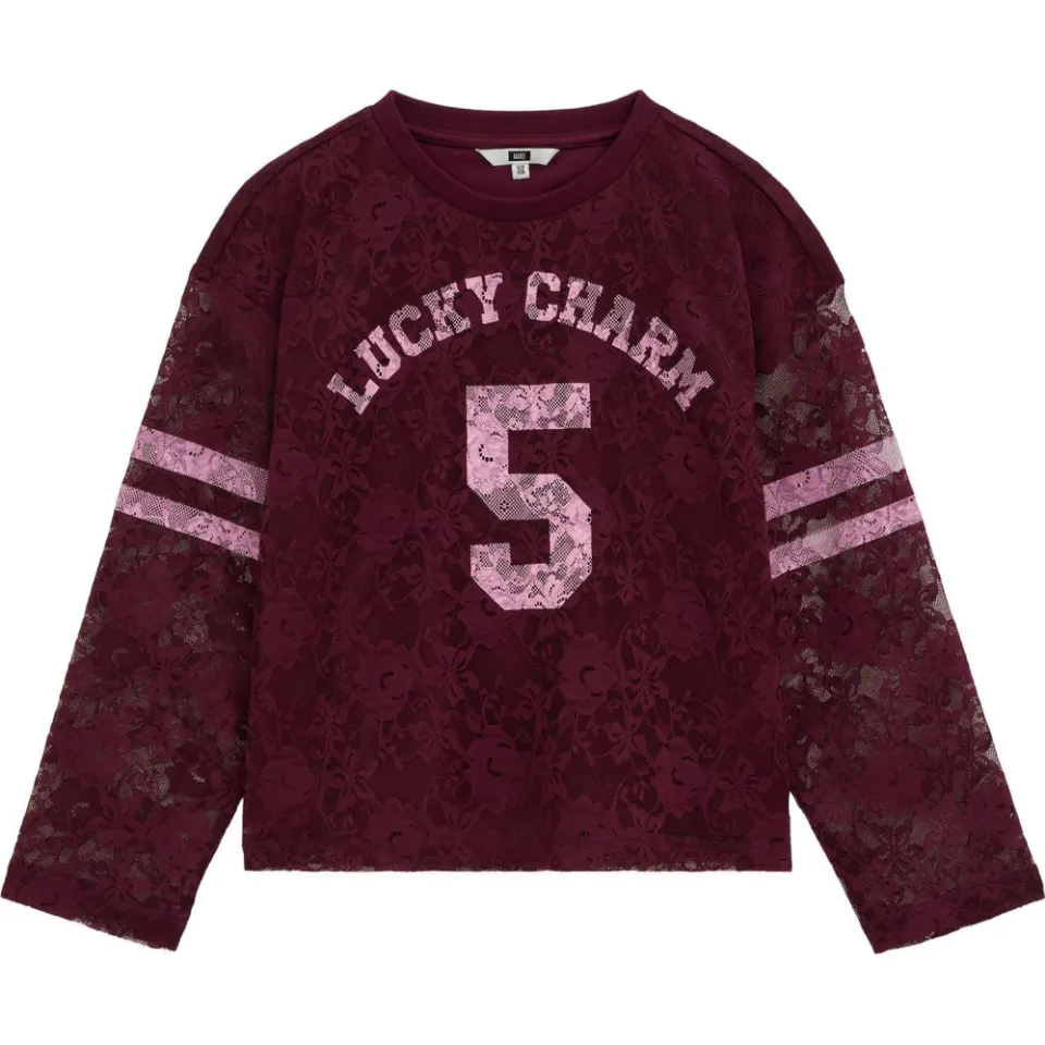 WE Fashion kanten longsleeve met tekst donkerrood donkerrood/roze, foto 3
