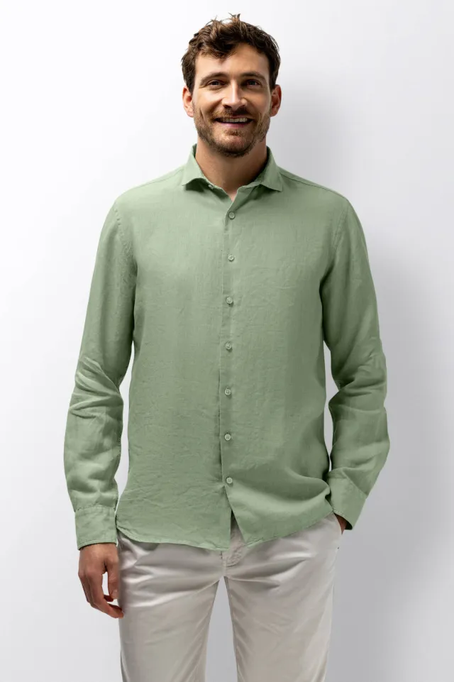 State Of Art regular casual overhemd met linnen groen light-green plain