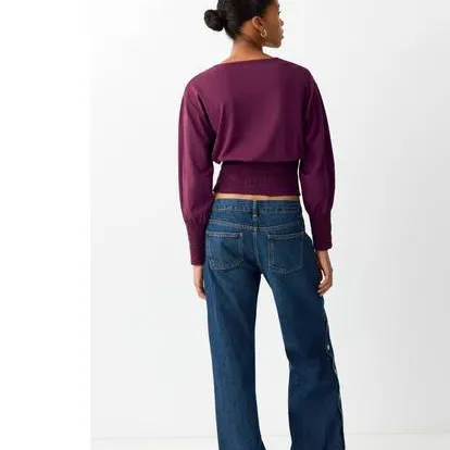 Mango TEEN longsleeve met smockwerk - bordeauxrood, foto 3