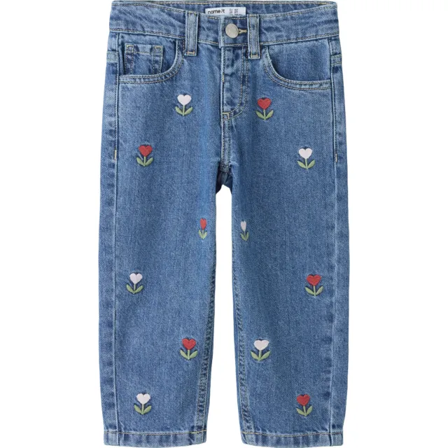 NAME IT MINI gebloemde mom jeans met borduursels - mediumblauw, foto 2