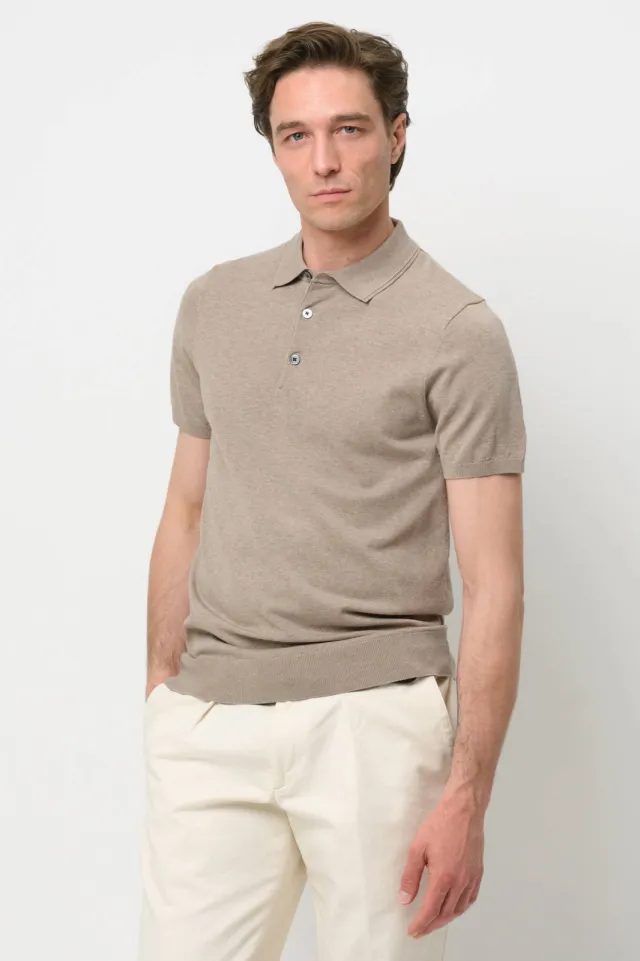 Profuomo zijden regular polo beige fijn gebreid