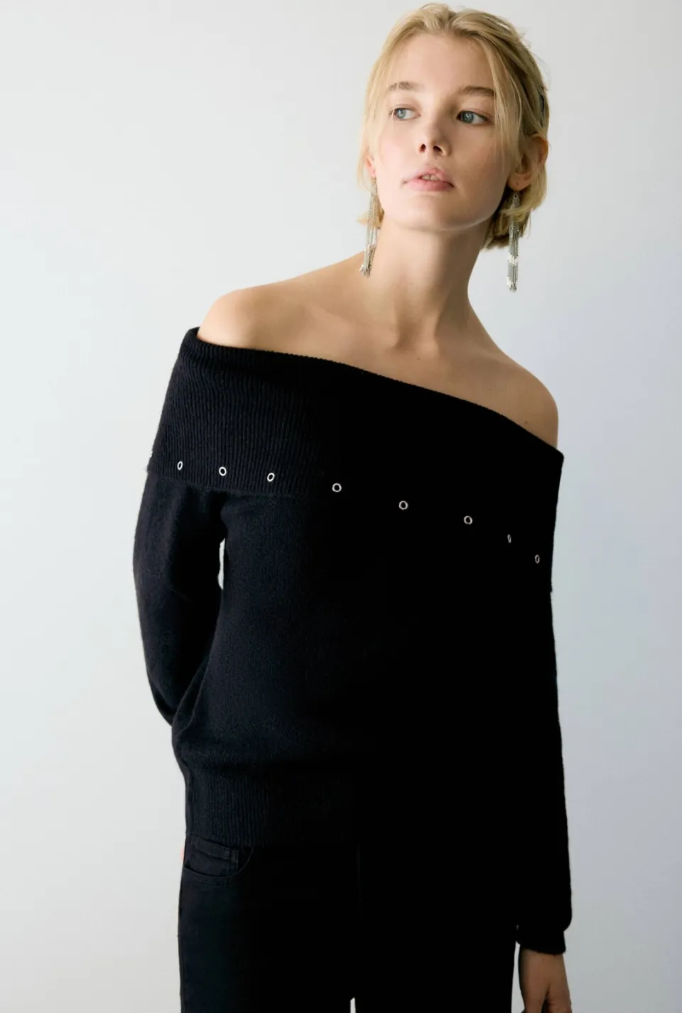 Mango TEEN off shoulder gebreide trui - zwart