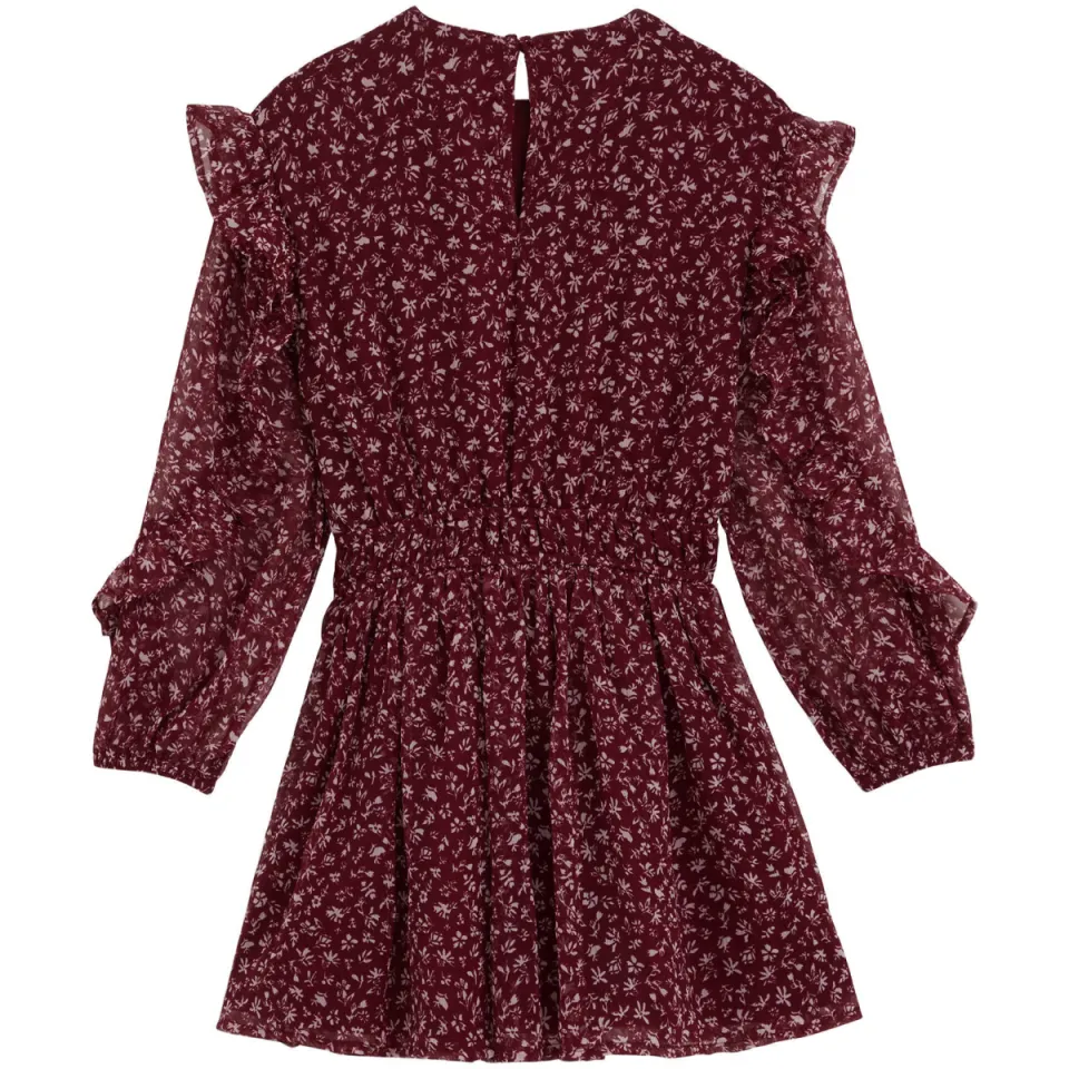 WE Fashion korte jurk met ruches donkerrood donkerrood/ecru, foto 4