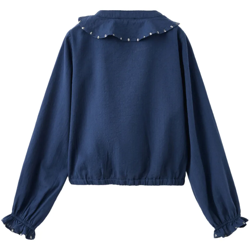 Mango blouse met ruches en studs marineblauw, foto 3