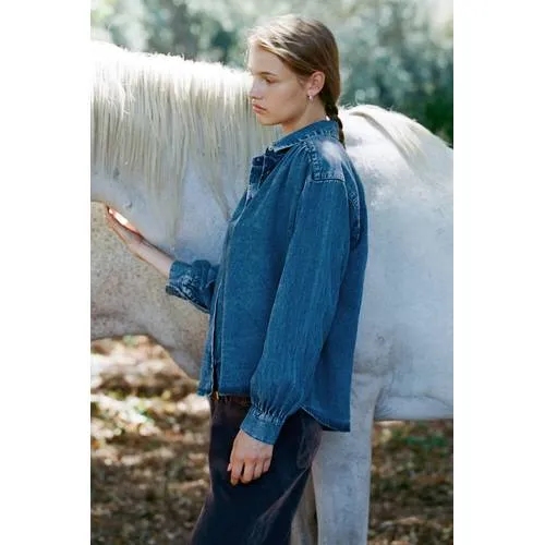 Mango denim blouse met plooien medium blue denim, foto 4