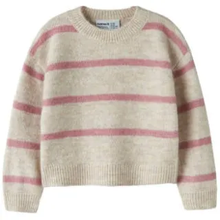 NAME IT MINI rechtvallende gebreide gestreepte trui met wol - beige/roze Meisjes Polyester Ronde hals