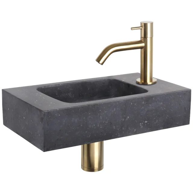 Fonteinset Differnz Bombai Natuursteen 40x22x9 cm Zwart Met Gebogen Kraan Mat Goud