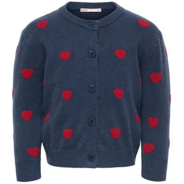 Only KIDS ONLY MINI gebreid vest met borduursels en hartjes - donkerblauw Meisjes Polyester Ronde hals Donkerblauw/rood