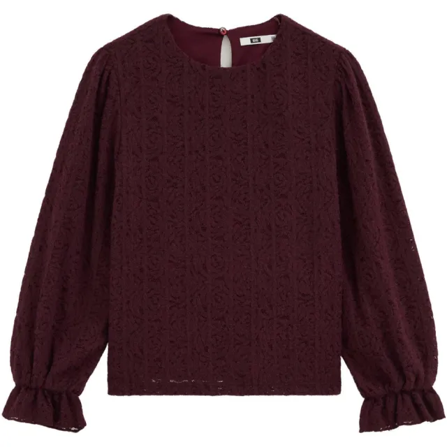 WE Fashion kanten blouse met ruches donkerrood