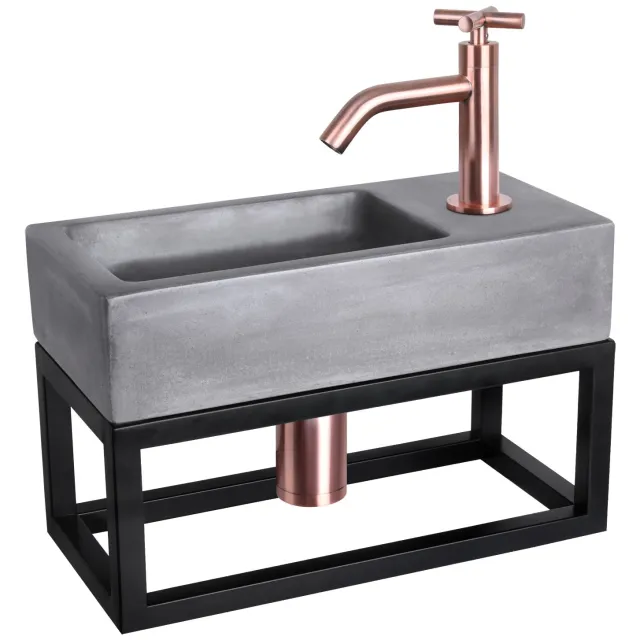 Differnz Fonteinset Differnz Ravo Beton en Handoekrek 38.5x18.5x9 cm Donker Grijs Met Gebogen Kruis Kraan Rood Koper