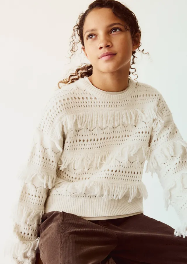 Mango Kids gebreide trui met franjes - beige