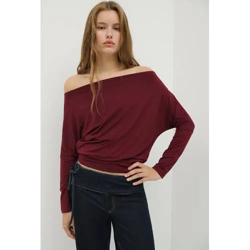 Mango TEEN off shoulder top donkerrood, foto 4