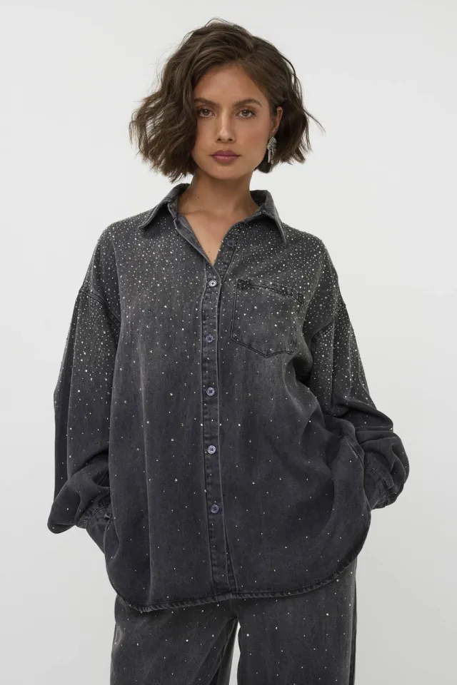 Studio AMAYA denim blouse met strass-steentjes - grey denim