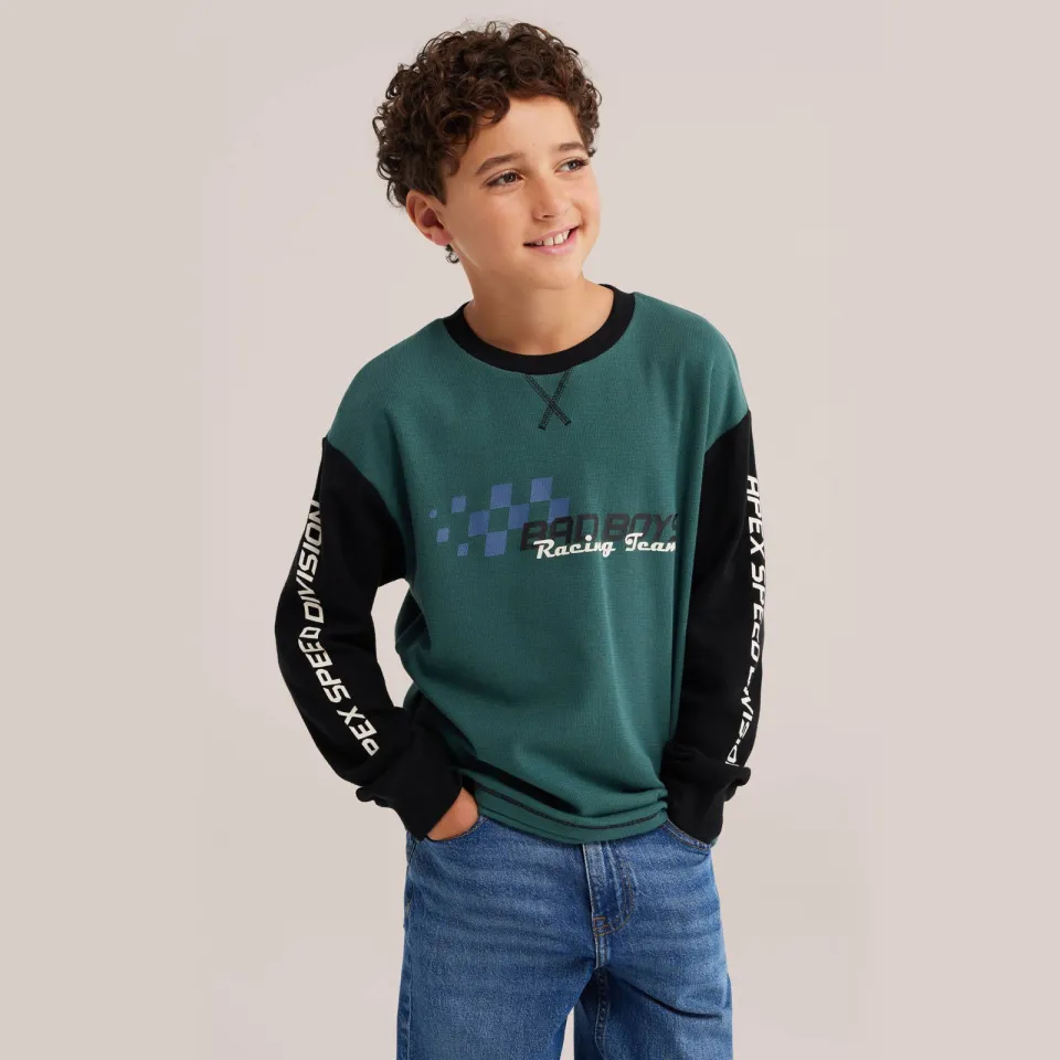 WE Fashion Bad Boys katoenen gebreide trui met tekst - groen/zwart