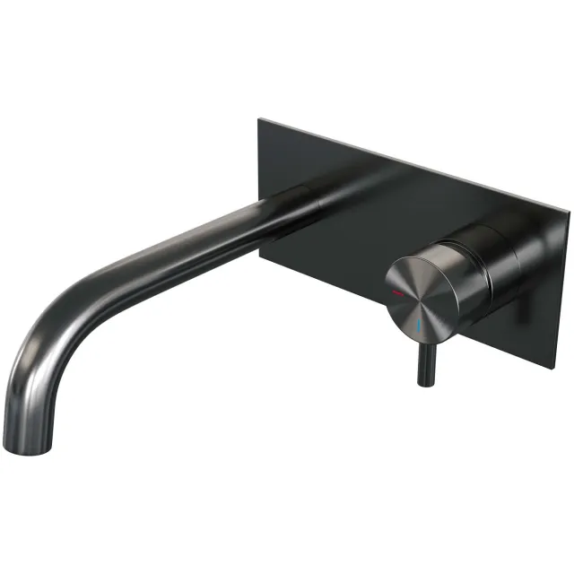 Brauer Inbouw Wastafelmengkraan Brauer Gunmetal Edition Coldstart Gebogen Uitloop Korte Ronde Hendel Rechts Geborsteld Gunmetal PVD Met Afdekplaat