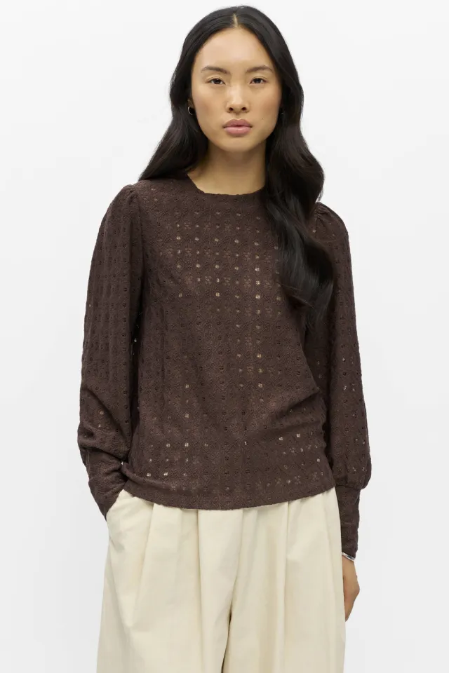 Object rechtvallende top met ajourdetails - bruin