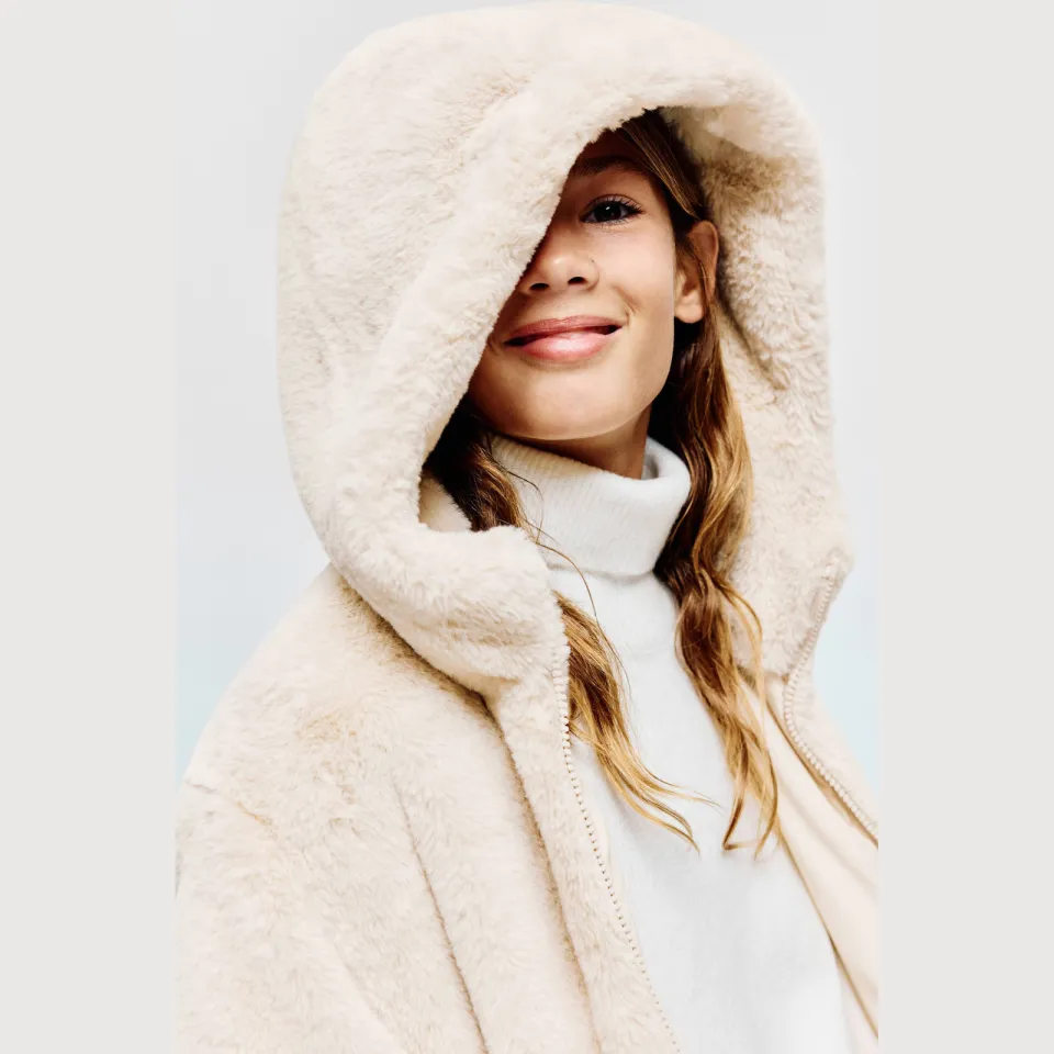 Mango imitatiebont winterjas met capuchon beige, foto 4