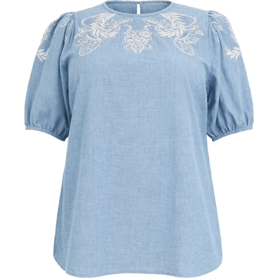Yoek top broderie light blue denim, foto 3