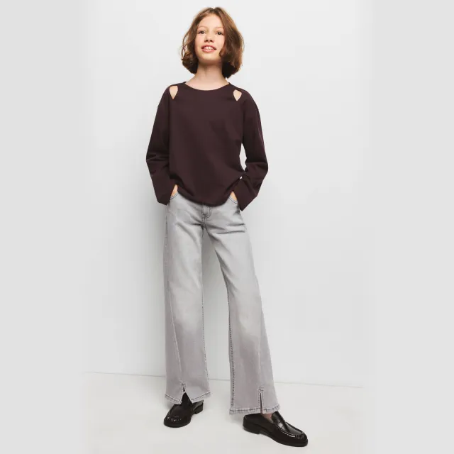 Mango Kids regular waist flared jeans met split - grijs