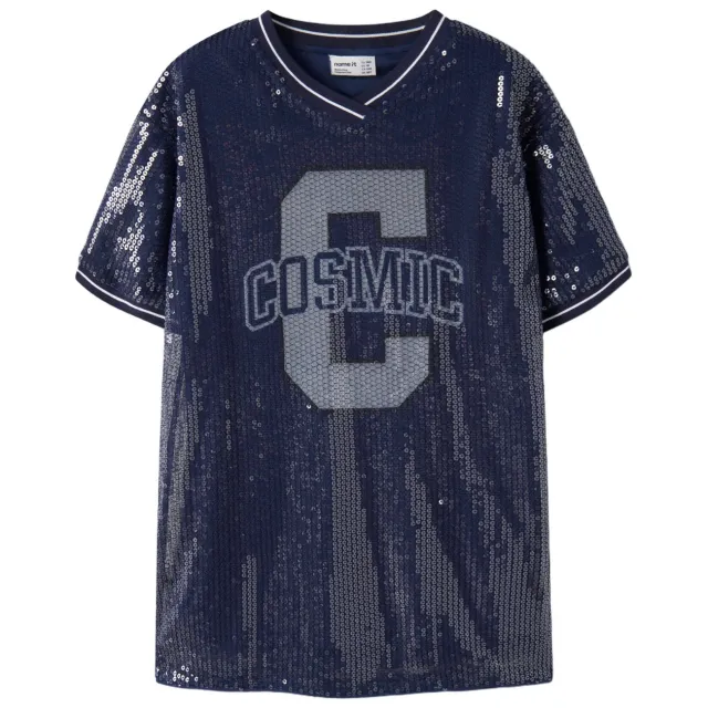 NAME IT KIDS korte glitter T-shirtjurk met pailletten en print - blauw, foto 2