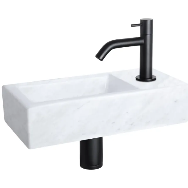 Fonteinset Differnz Helios 37.5x18.5x9.5 cm Marmer Wit Met Gebogen Kraan Mat Zwart