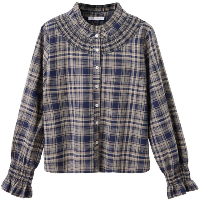 Mango geruite blouse met ruches donkerblauw, foto 2