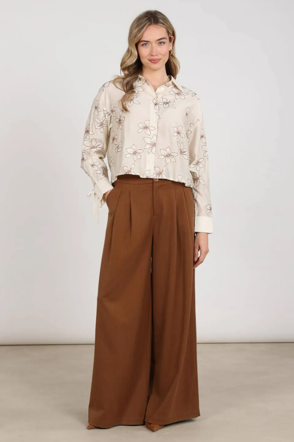 NUKUS wide leg broek met wol - bruin