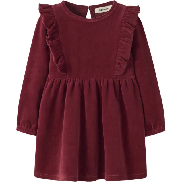 Lil' Atelier fluwelen A-lijn midijurk met ruches bordeaux Rood