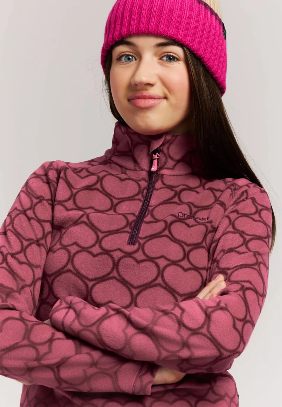 Protest PRTRemissy JR sweater met opstaande kraag en hartjes - koraalrood/bordeaux, foto 6