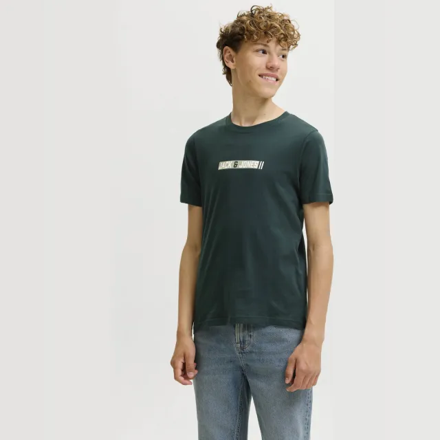 Jack & Jones Junior JJMUNK rechtvallend T-shirt met logo donkergroen Petrol