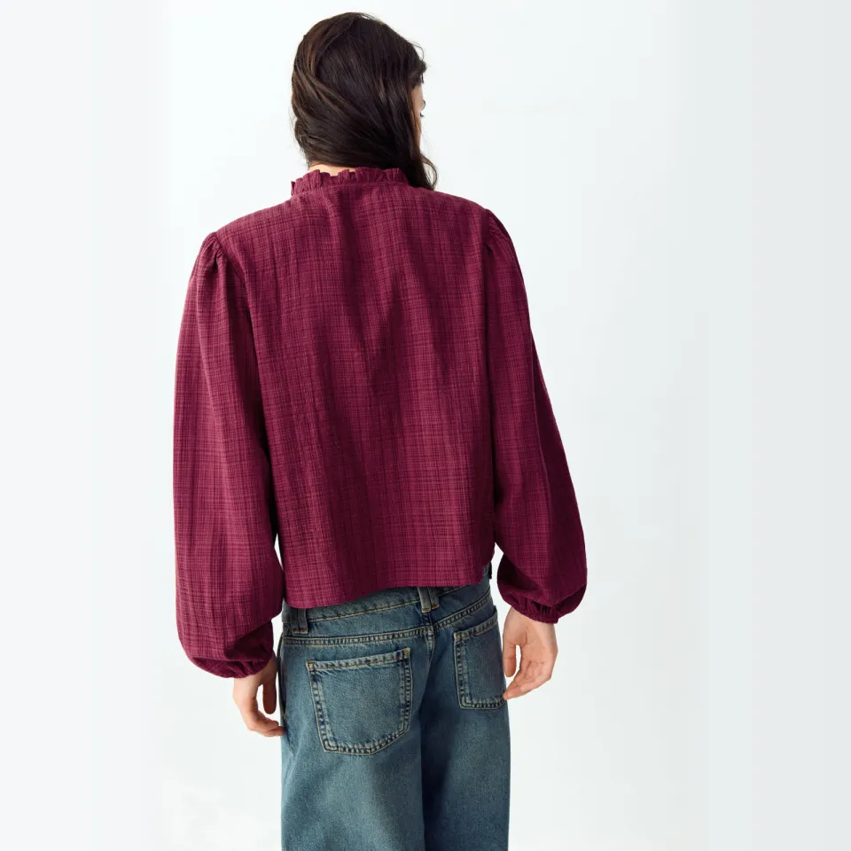 Mango geruite blouse met ruches donkerrood, foto 4
