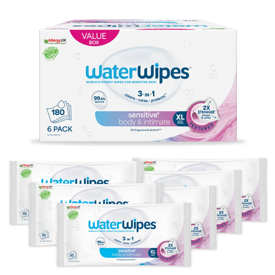 WaterWipes Sensitive+ Body & Intimate XL Doekjes – 180 stuks (6 verpakkingen)