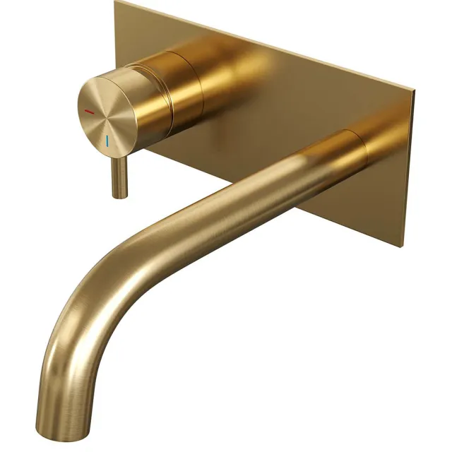 Brauer Inbouw Wastafelmengkraan Brauer Gold Edition Coldstart Gebogen Uitloop Korte Ronde Hendel Links Geborsteld Goud PVD Met Afdekplaat