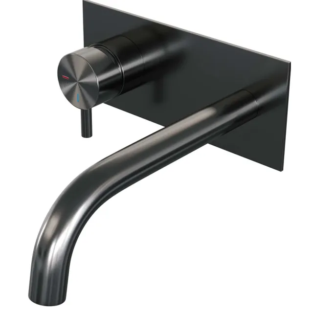 Inbouw Wastafelmengkraan Brauer Gunmetal Edition Coldstart Gebogen Uitloop Korte Ronde Hendel Links Geborsteld Gunmetal PVD Met Afdekplaat