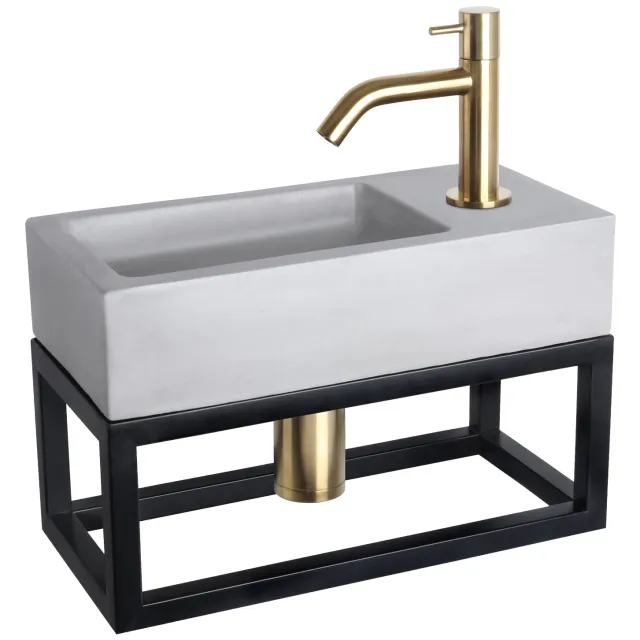 Fonteinset Differnz Ravo Beton en Handoekrek 38.5x18.5x9 cm Licht Grijs Met Gebogen Kraan Mat Goud