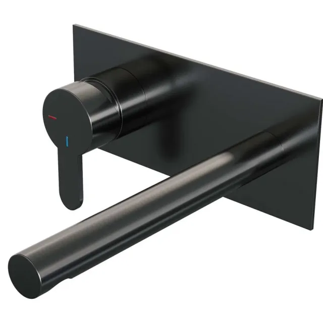 Brauer Inbouw Wastafelmengkraan Brauer Gunmetal Edition Coldstart Rechte Uitloop Korte Platte Hendel Links Geborsteld Gunmetal PVD Met Afdekplaat