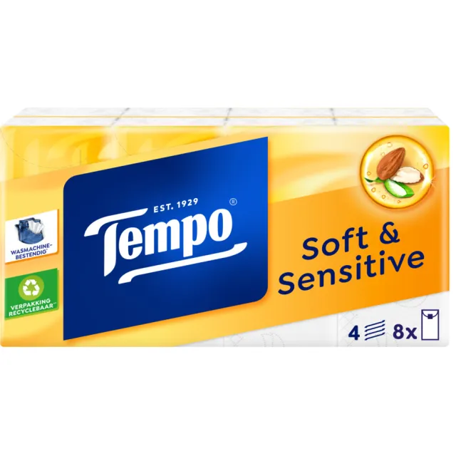 Tempo 3+2 gratis: Tempo Soft & Sensitive 4-laags Zakdoekjes 8 stuks