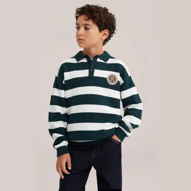 WE Fashion gebreide gestreepte trui met patches - groen/wit