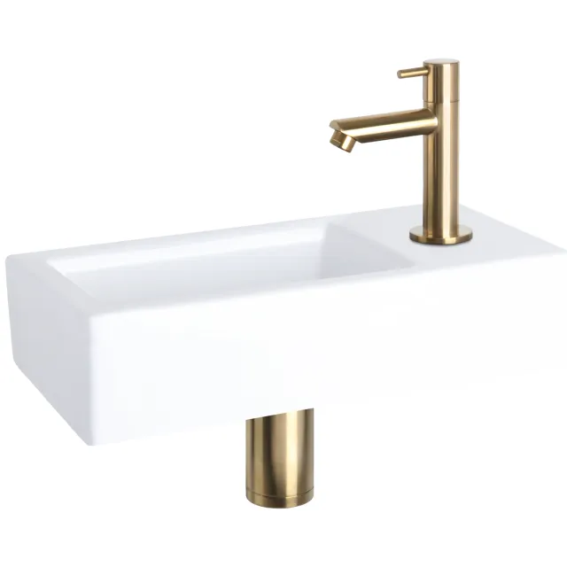 Differnz Fonteinset Differnz Ravo Keramiek 38.5x18.5x9 cm Wit Met Rechte Kraan Mat Goud