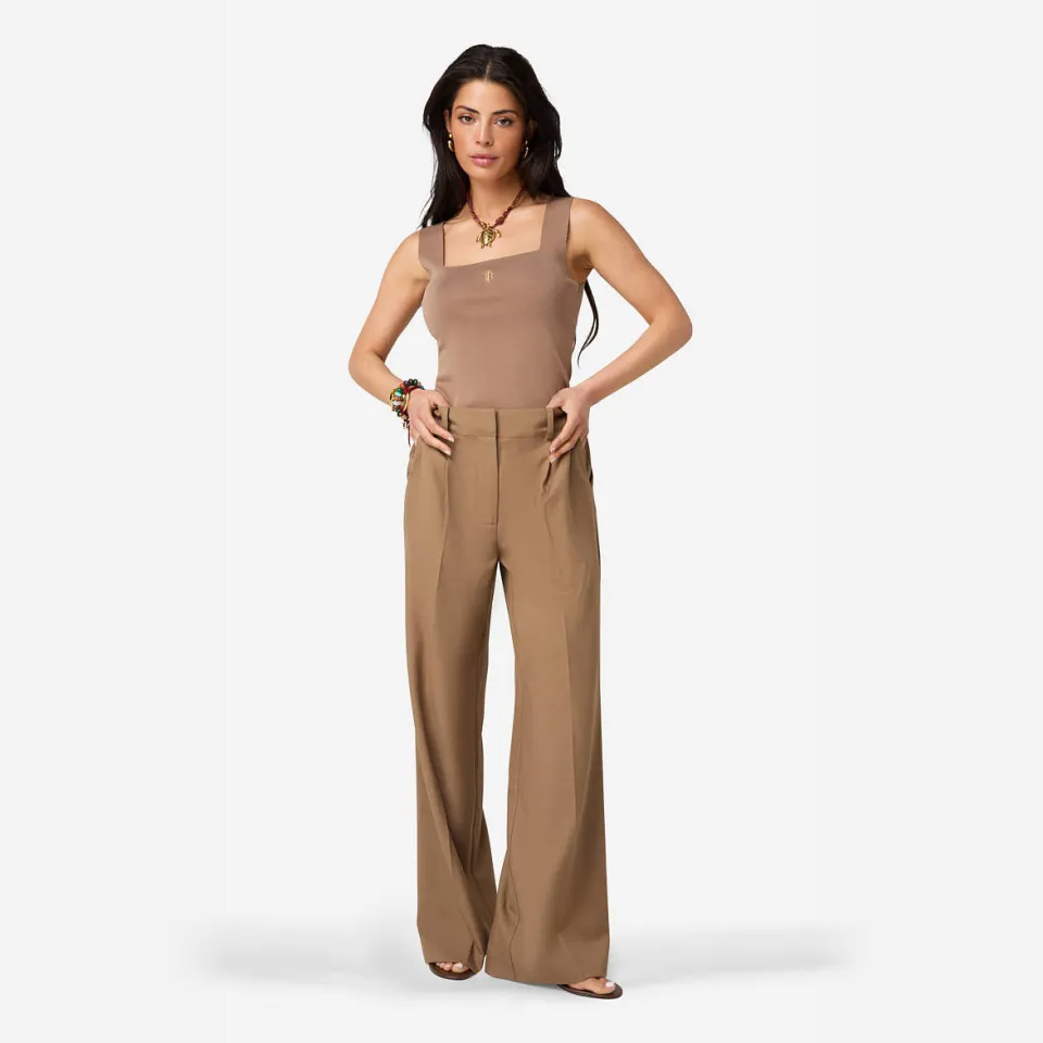 Ibana wide leg high waist broek met wol lichtbruin