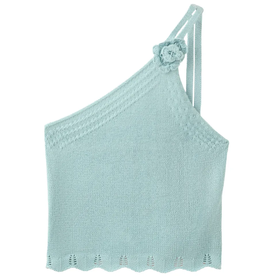 Mango TEEN one shoulder gebreide top met broderie lichtblauw, foto 2