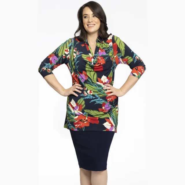Yoek top DOLCE van travelstof donkerblauw/groen/rood